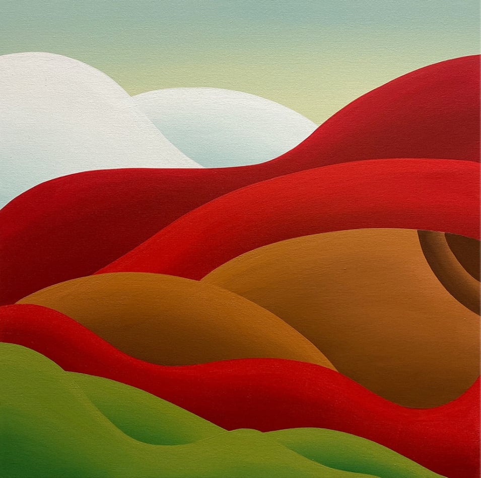 Bianca Nemelc painting of abstracted female figure with glaciers and red and green landscapes
