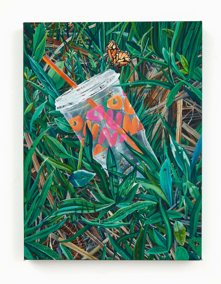 Nicole Dyer painting of an empty dunknin donuts cup laying in the grass