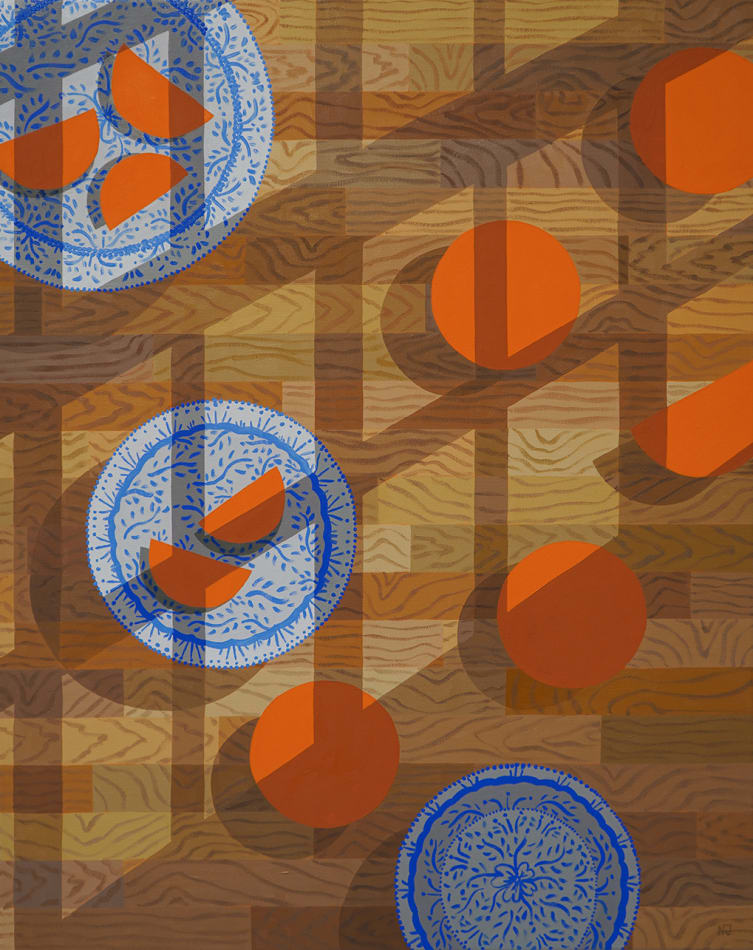 Natalia Juncadella - painting of oranges and orange slices on a wood grain floor and blue patterned plates, a shadow of window panes covers the scene