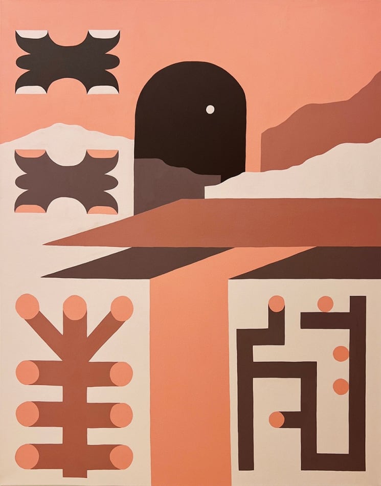 collaborative painting of flat abstract shapes in orange and brown tones