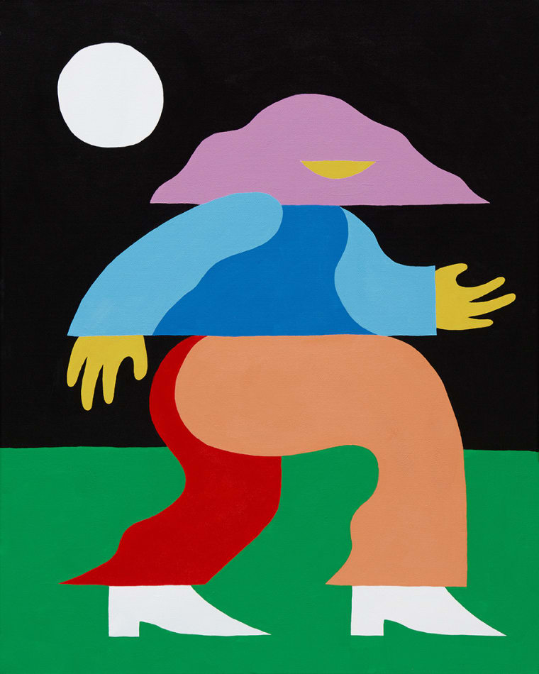 a painting of a figure with peach colored pants and a blue top walks across green grass, her arms swaying, on a dark night. The white moon shines in the left upper corner.