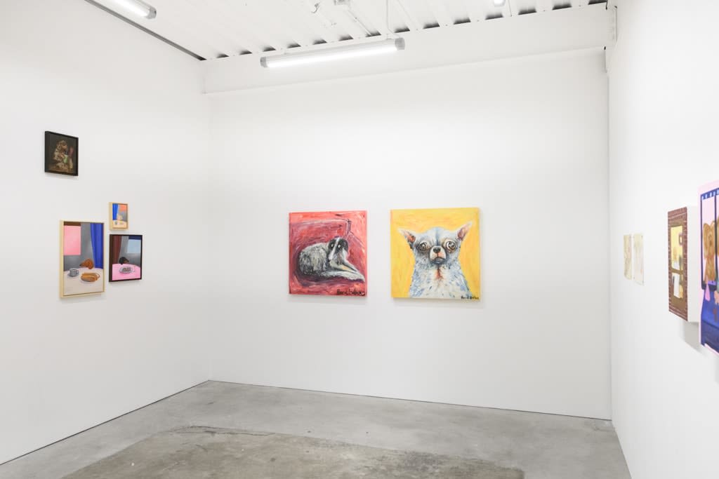 Installation view of a gallery wall with various artworks installed in a salon-style at Hashimoto Contemporary San Francisco
