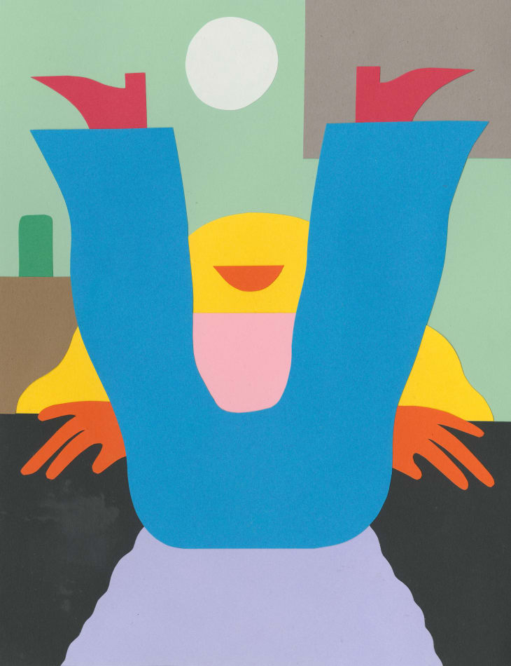 Collage of woman with her legs in the air and a moon