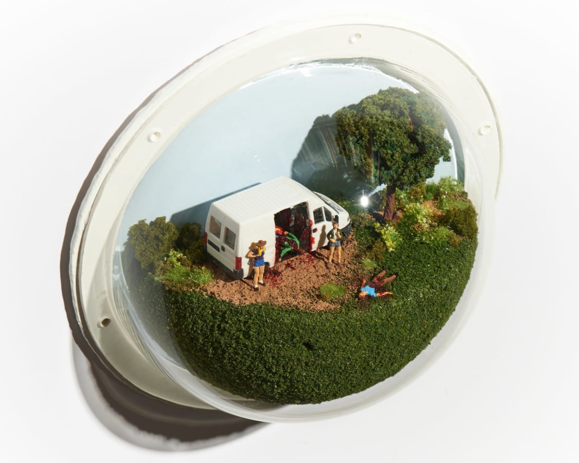Abigail Goldman's sculpture of a murder taking place outdoors in a white van