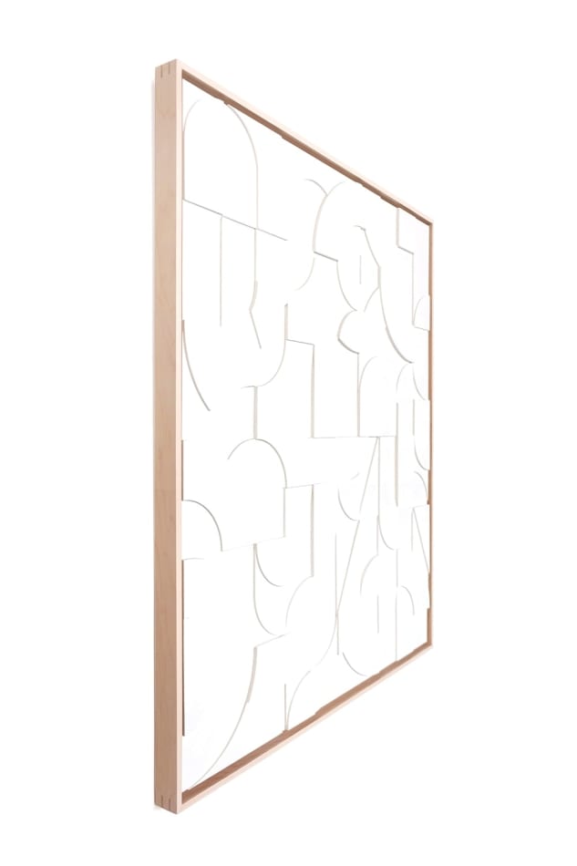 Scott Albrecht wood relief painting, all white subtle shapes