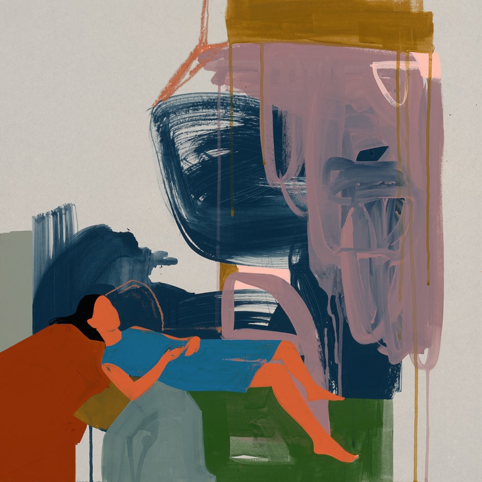 faceless woman reclining on muted abstract blobs