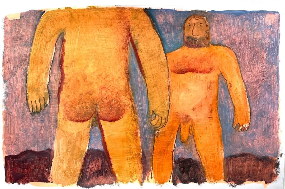Carlos Rodriguez - painting of two men facing one another, one facing front and the other facing back. The background was painted with blue and purple. The brush strokes were rough.