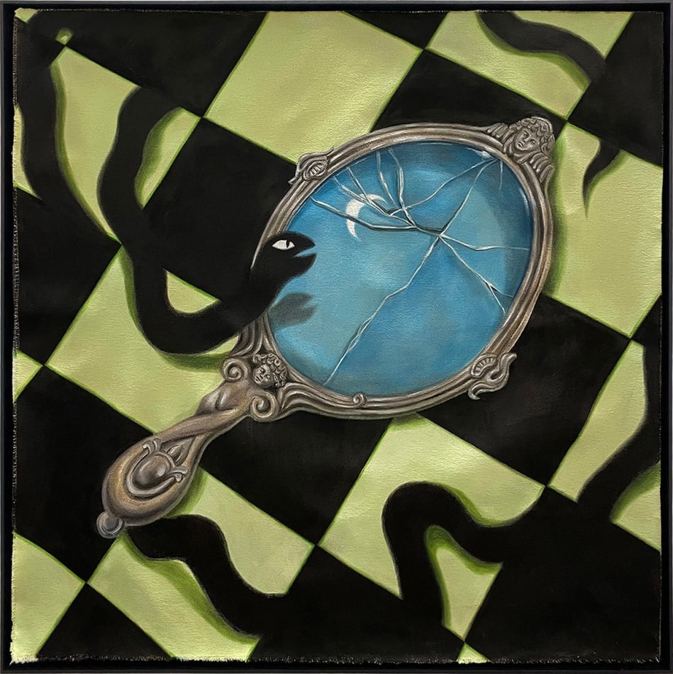 framed Minyoung Kim painting of black snake looking into broken hand mirror that is reflecting a crescent moon. Black and green checkered tile floor background