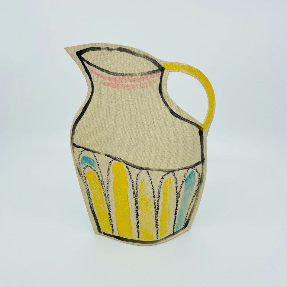 Alison Owen's sculpture of a vase with a black border and pastel colors