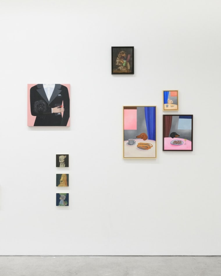 Installation view of a gallery wall with various artworks installed in a salon-style at Hashimoto Contemporary San Francisco
