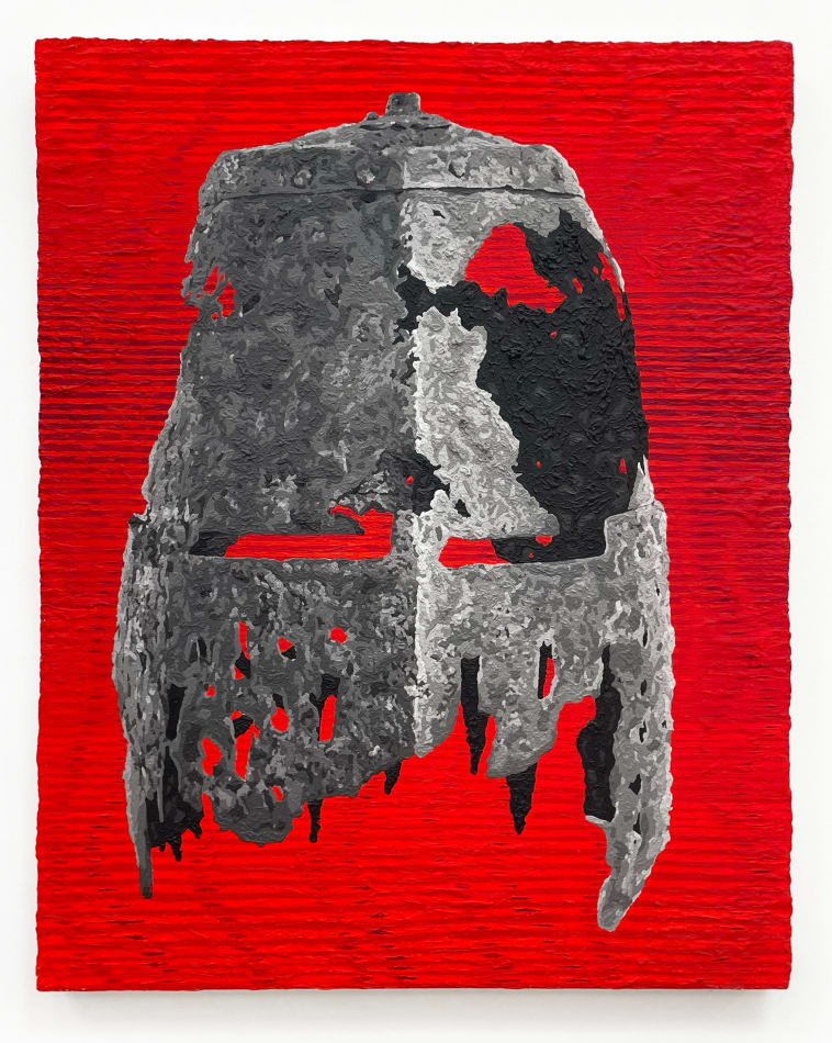 Andrew Schoultz - painting of medieval helmet on deep red background