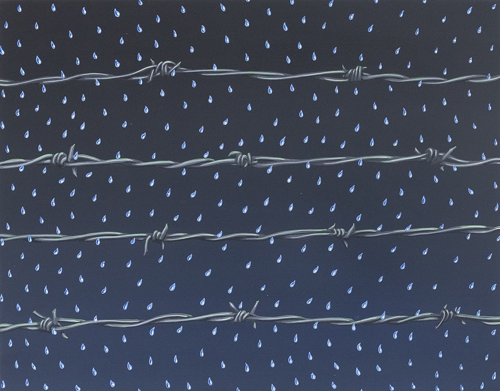 Painting of four rows of barbed wire on a night sky background with bright blue and white rain drops falling from the sky.