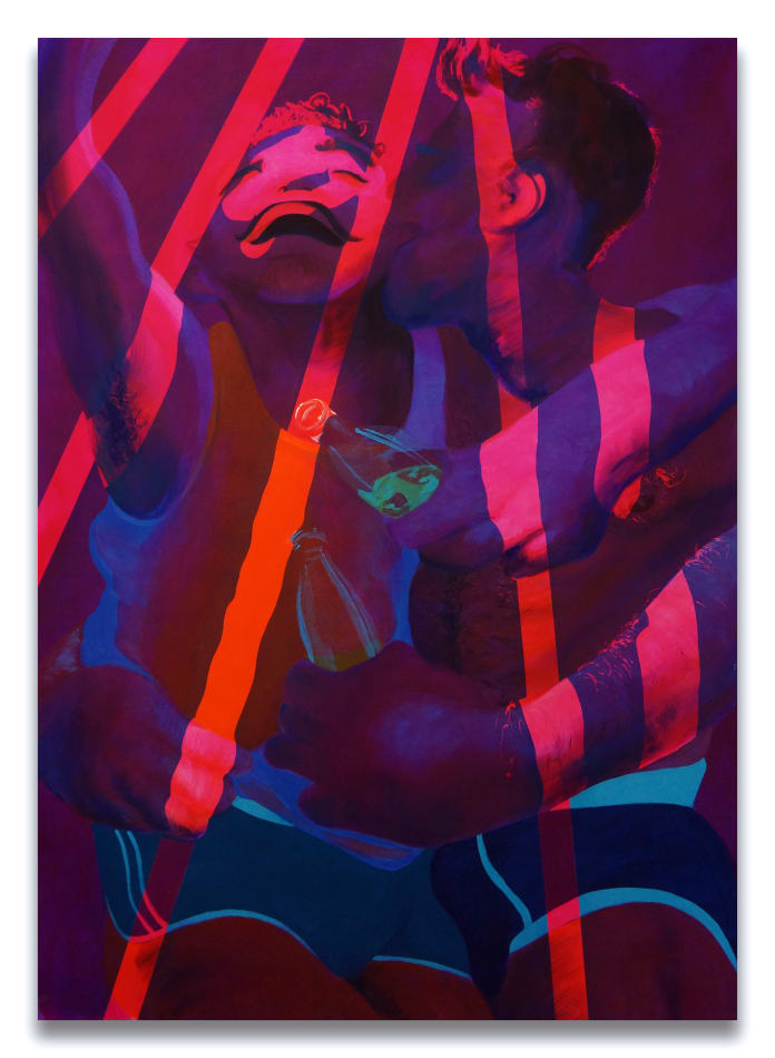 Painting of two people embracing each other under a pink neon light.