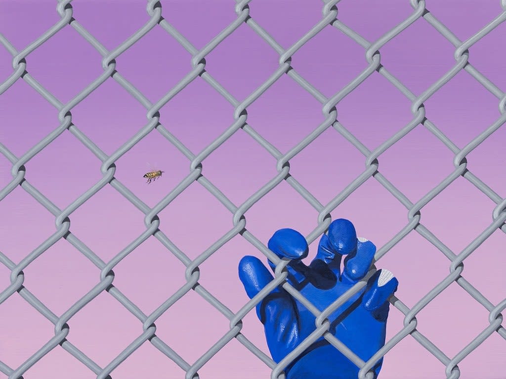 Painting of a person's hand in a bright blue rubber glove gripping a chain link fence. In the background is a lavender sky and a tiny bee.