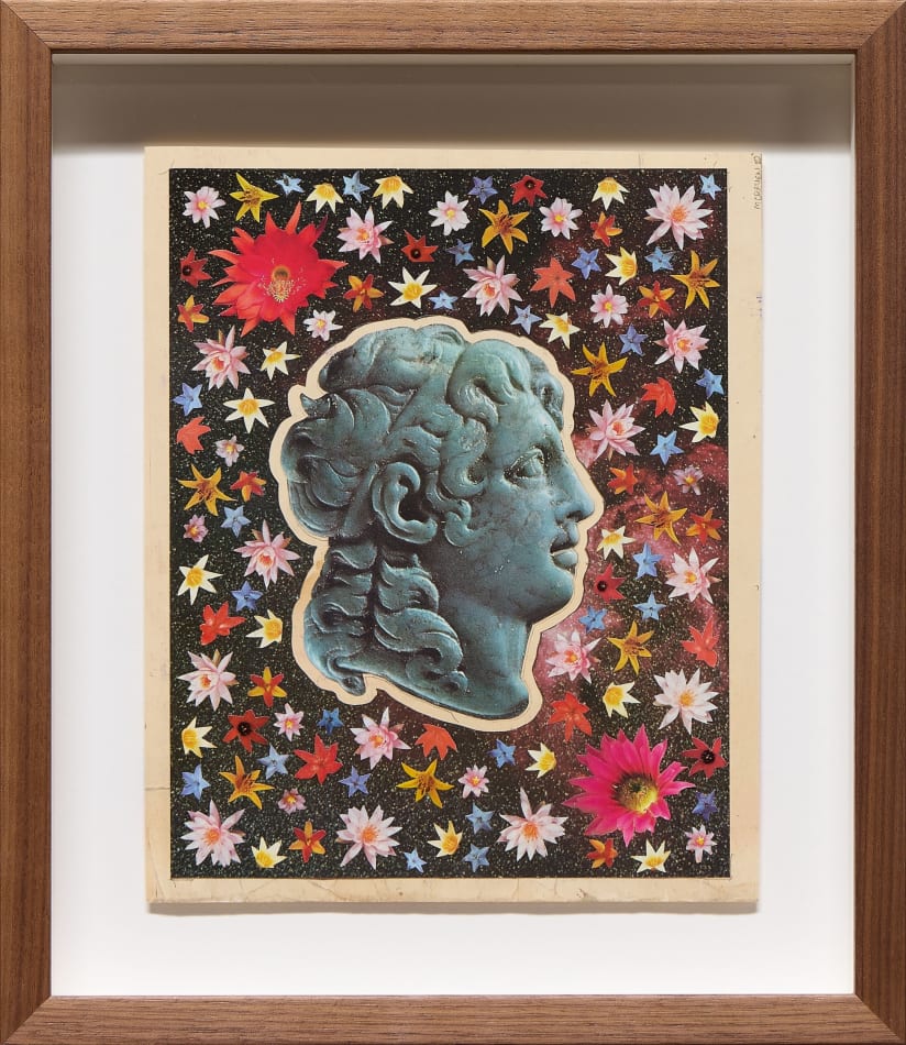 Collage of various cutout flowers arranged around a statue head of a profile of a woman on a black background