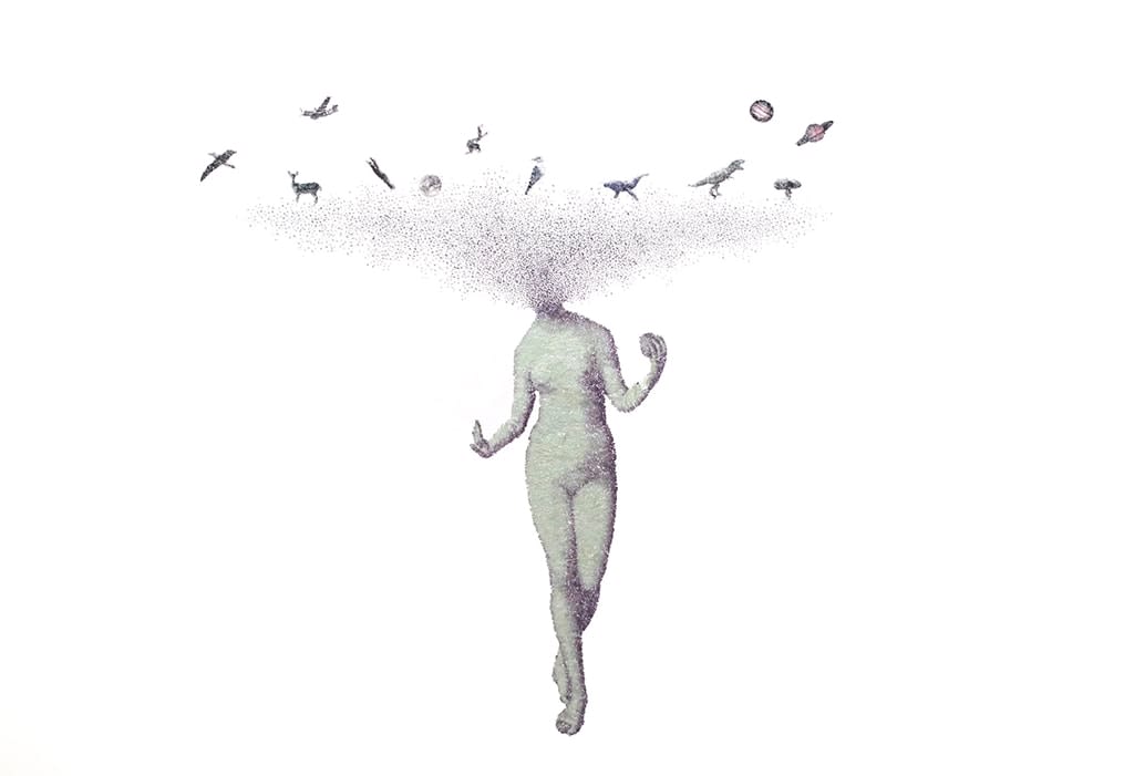 Collage on paper of a nude woman with letters coming out of her head