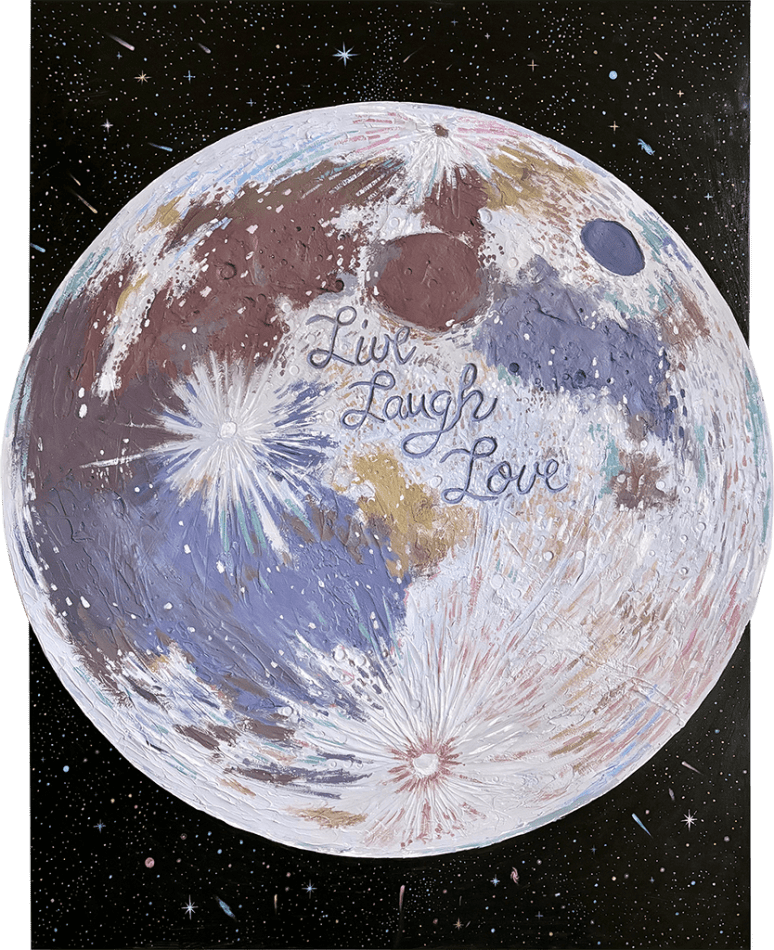 painting of moon in the night sky with live, laugh, love on it