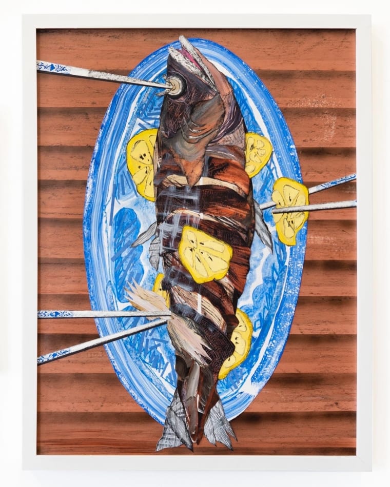 Collage of a whole fish on a blue plate with chopsticks and lemon slices all over it.