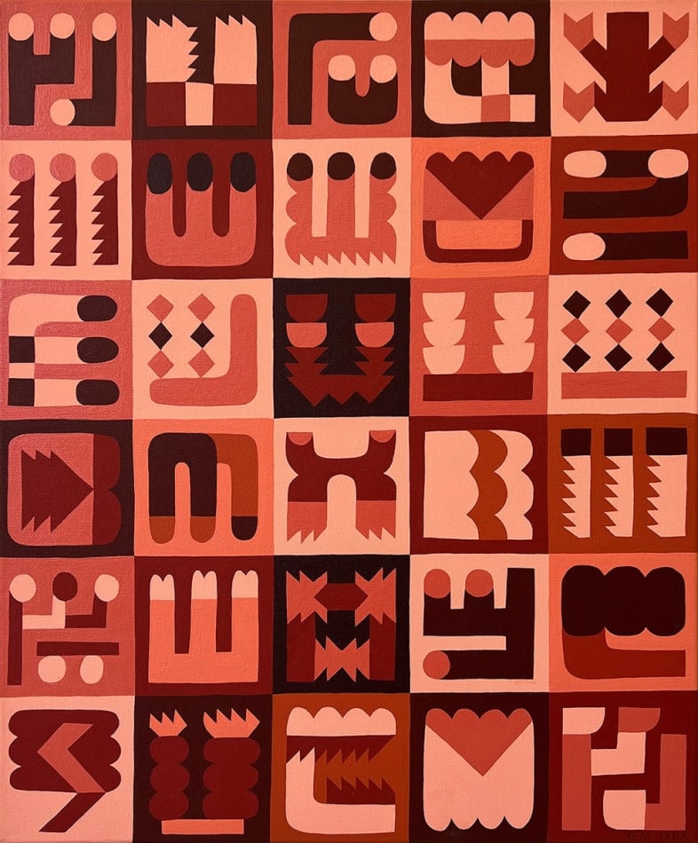 red painting of abstract symbols in a grid