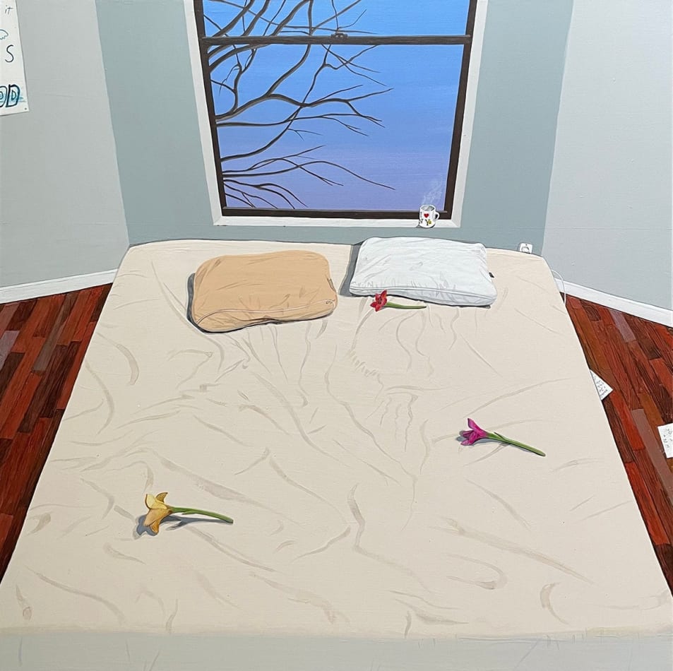 Azadeh Nia painting of bed under window, three flowers scattered across sheet