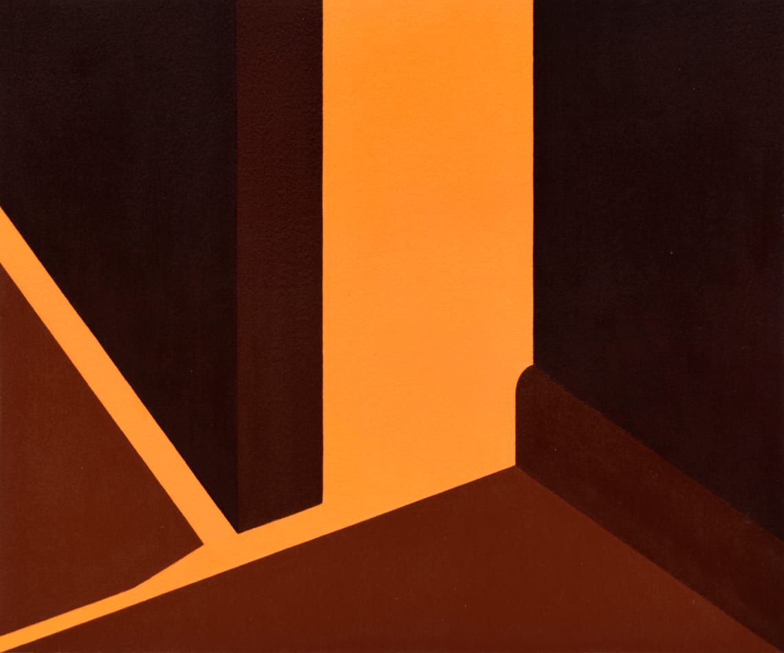 Adrian Wong painting of a door slightly open, orange and red tones