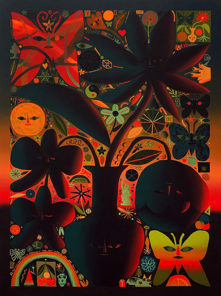 Rachel Hayden painting of red and orange background, vase of flowers and characters in dark tones overlaid