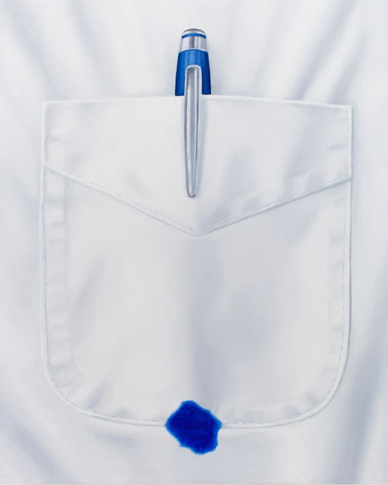 painting of a white shirt pocket with a blue pen bleeding through the shirt