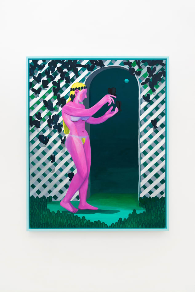 Corey K. Lamb - nude female figure with tan lines in front of latticed garden hedge