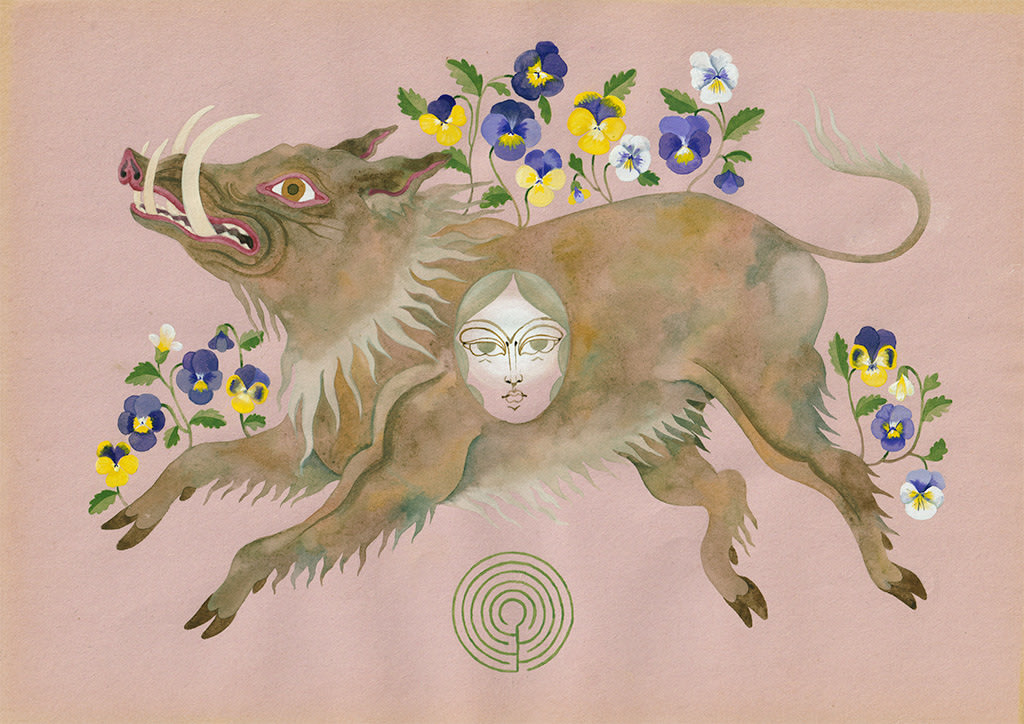 Watercolor painting of a hog with flowers coming off its back and a woman's face on the center of its stomach
