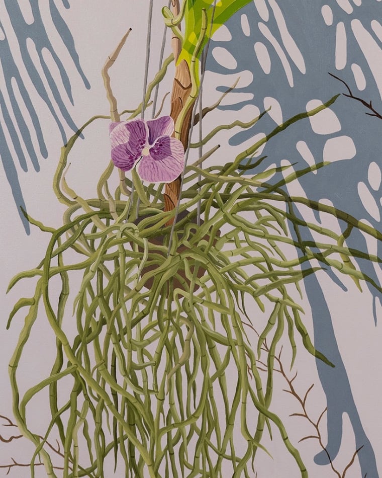 detail of Natalia Juncadella painting of orchid, plant and roots, shadows