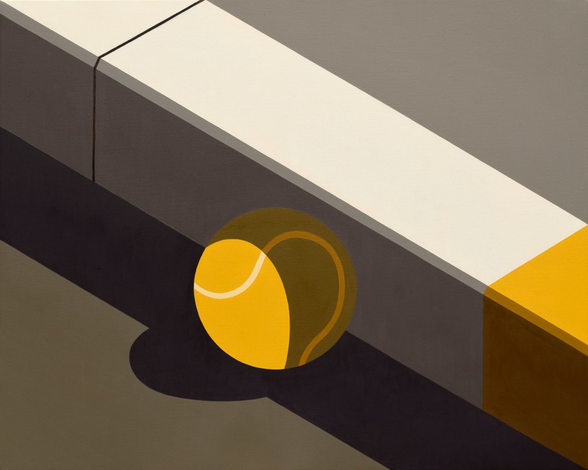 Adrian Wong painting of yellow tennis ball in the shadow of a white curb