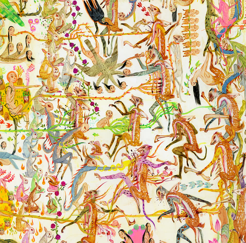 Detail shot of Mu Pan painting of animals and human hybrid creatures eating, fighting, sleeping, etc