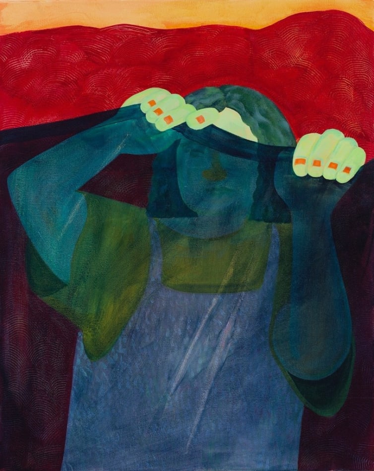 Genevieve Cohn painting of woman in bold colors peering through transparent curtain