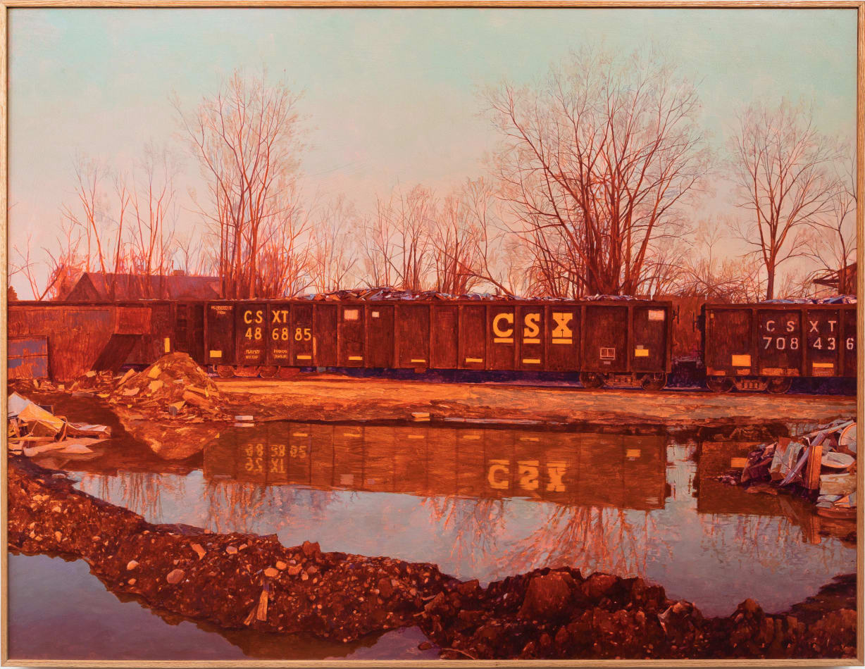 Painting of a freight train. Puddles of water reflect the train in the water and trees in the background are bare from winter.