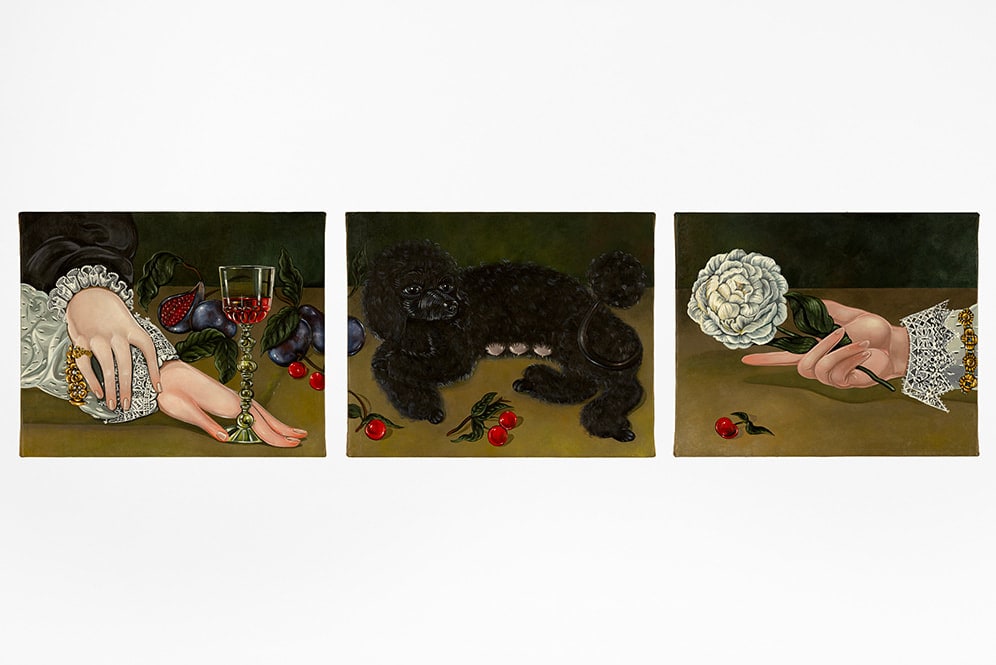 Image of all three paintings from Sabrina Bockler's tryptic 