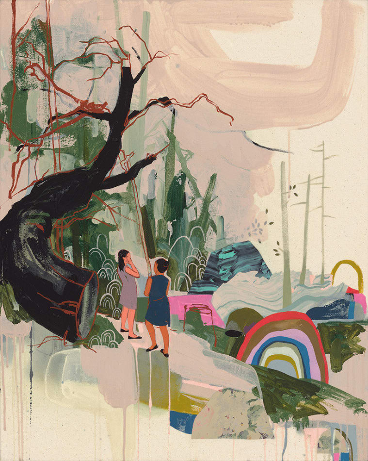 painting of a large curved black tree set in an abstract landscape with two figures by Seonna Hong