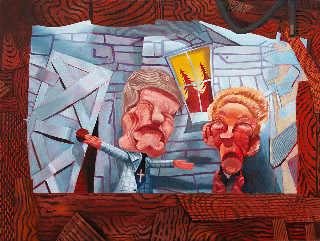 Painting of two elderly male puppets, the background is a house that is crumpling down with a window that overlooks two trees