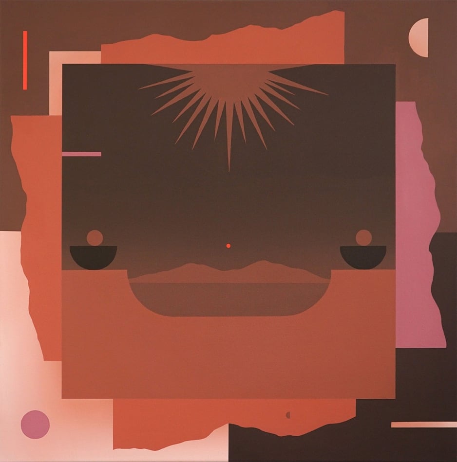 red painting of an abstracted desert landscape down in flat shapes