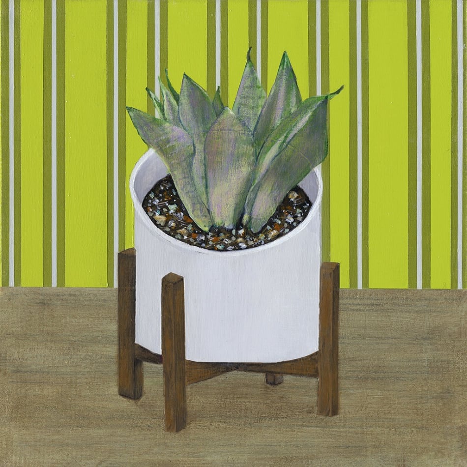 Gabe Langholtz painting of green plant in white planter with green striped background
