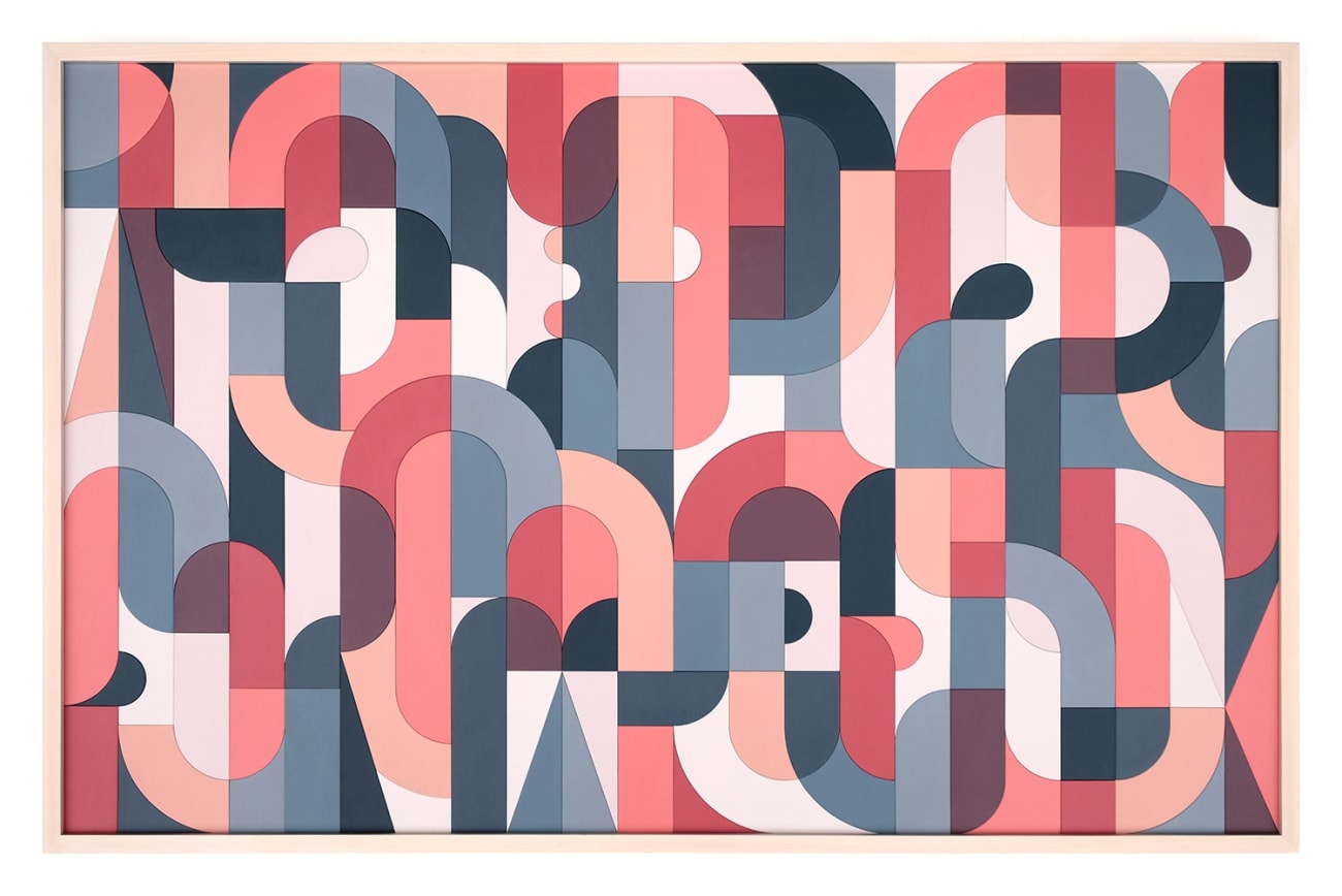 Scott Albrecht wood relief painting in pink and blue tones