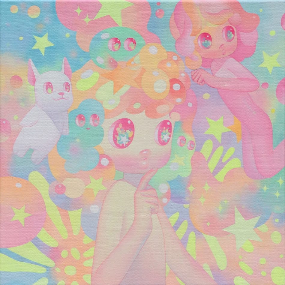So Youn Lee painting of figures and white bulldogs in pastel tones