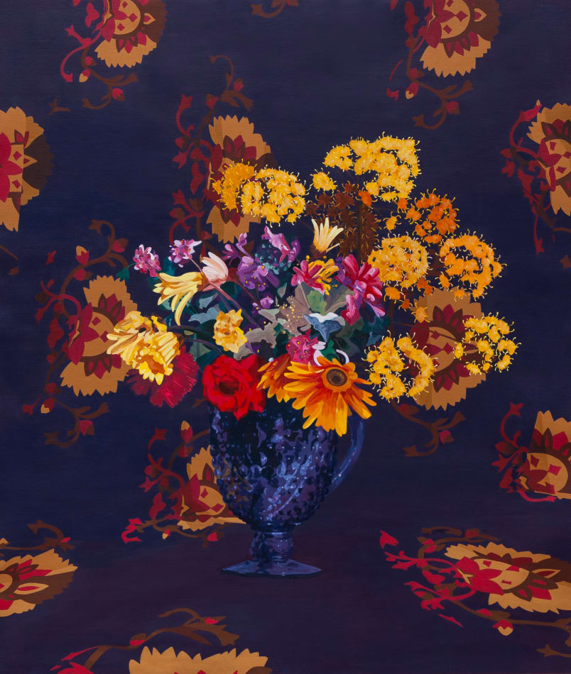 A Still life of a large bouquet of flowers in a vase with a floral pattern background by Francisco Diaz Scotto