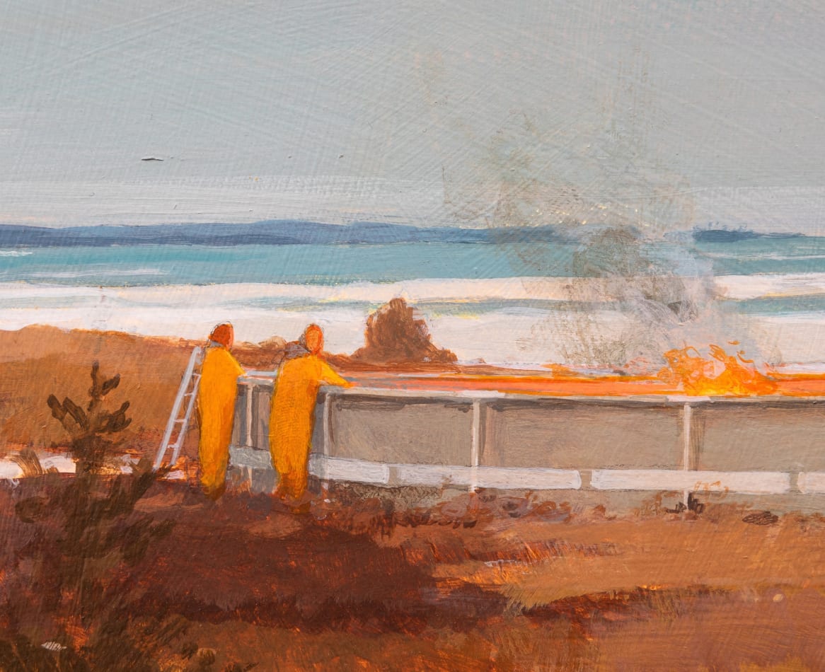 Landscape painting of a frozen lake with an above ground pool that is has a small fire in it and two people in hazmat suites are standing near the ledge