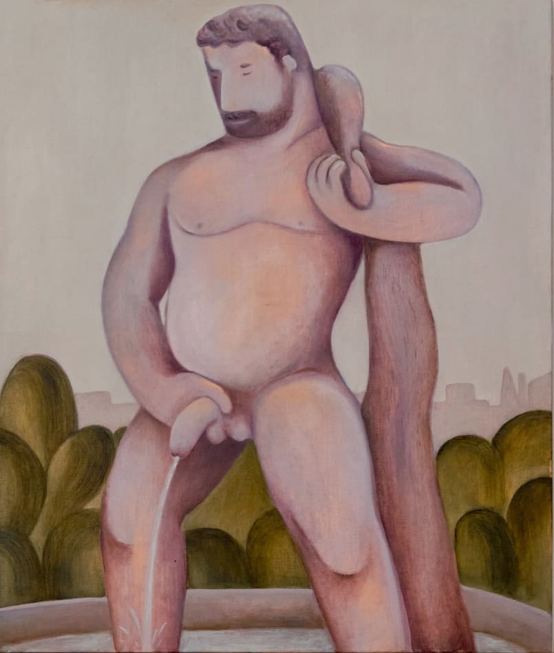Painting of a fountain with a naked man standing and peeing into the fountain. There are bushes and a cityscape behind it.