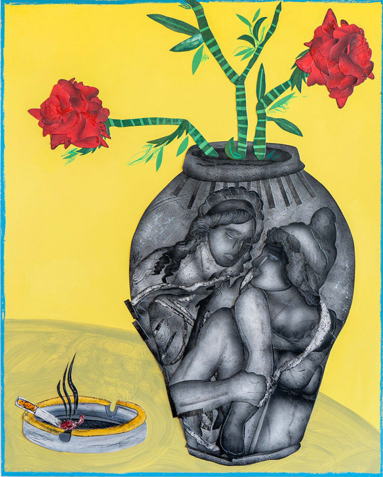 grey vase holding red flowers next to a ashtray with a lit cigarette