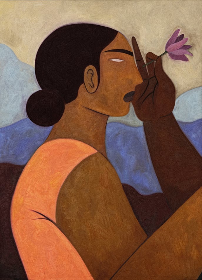 Hilda Palafox painting of woman holding flowers