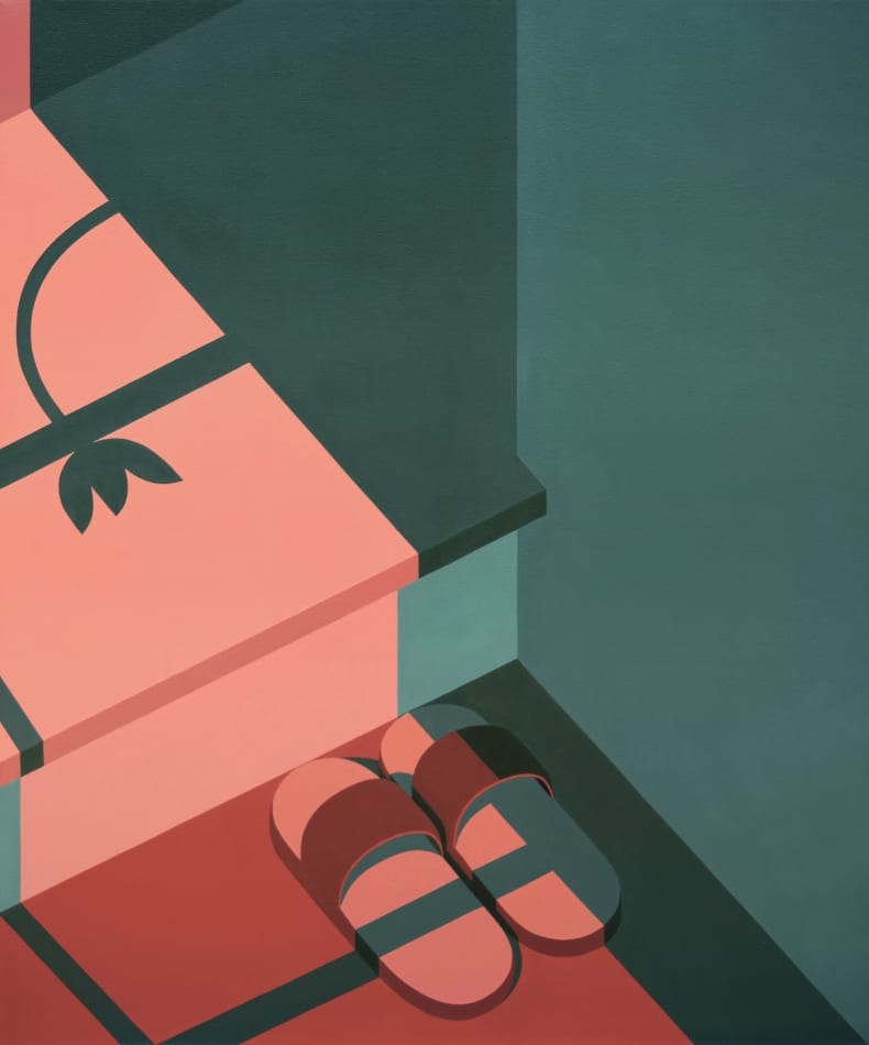 Adrian Wong painting of slippers on last step, red and green tones slightly abstract