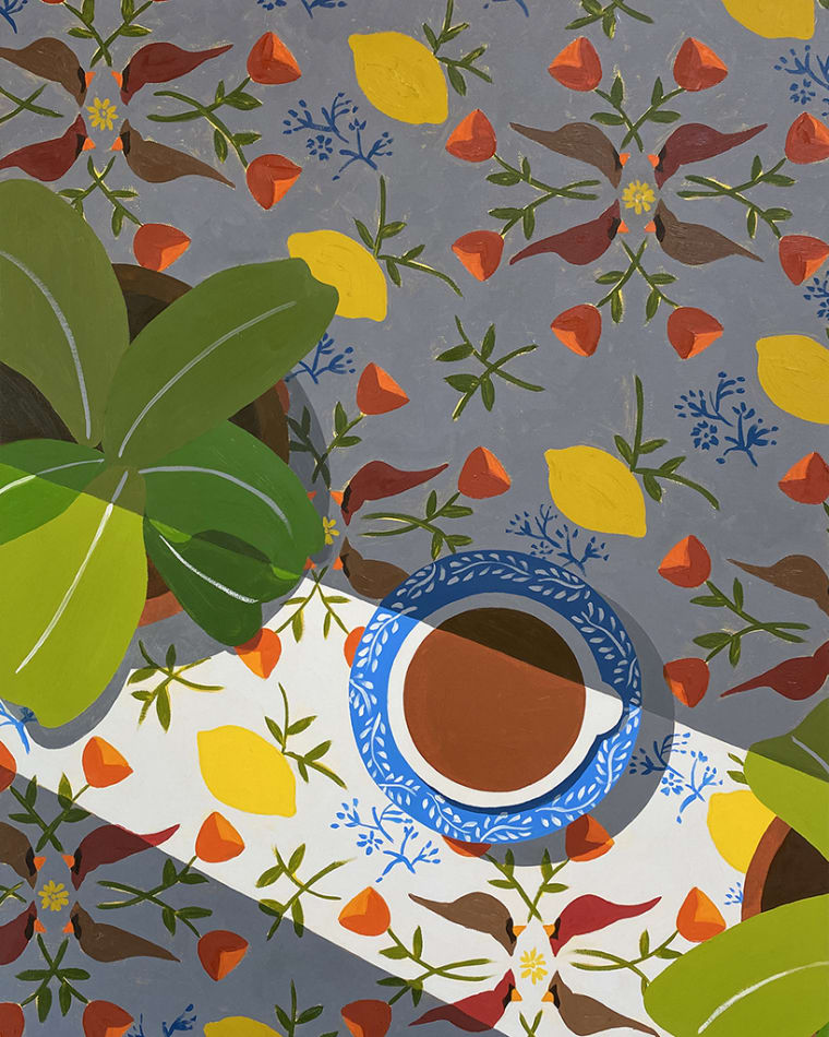Natalia Juncadella painting of coffee cup and plants on background with birds and lemons
