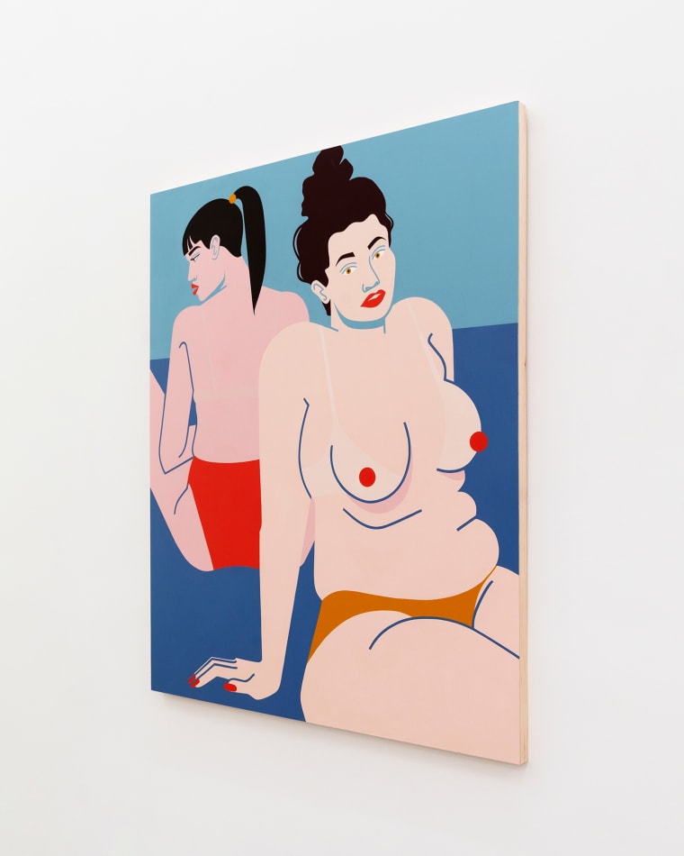 Painting of two woman sitting back to back topless by Jillian Evelyn