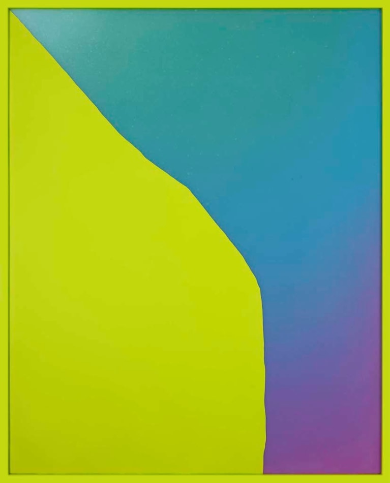Rachel Strum paint and resin piece, abstract shapes in neon green, blue and purple